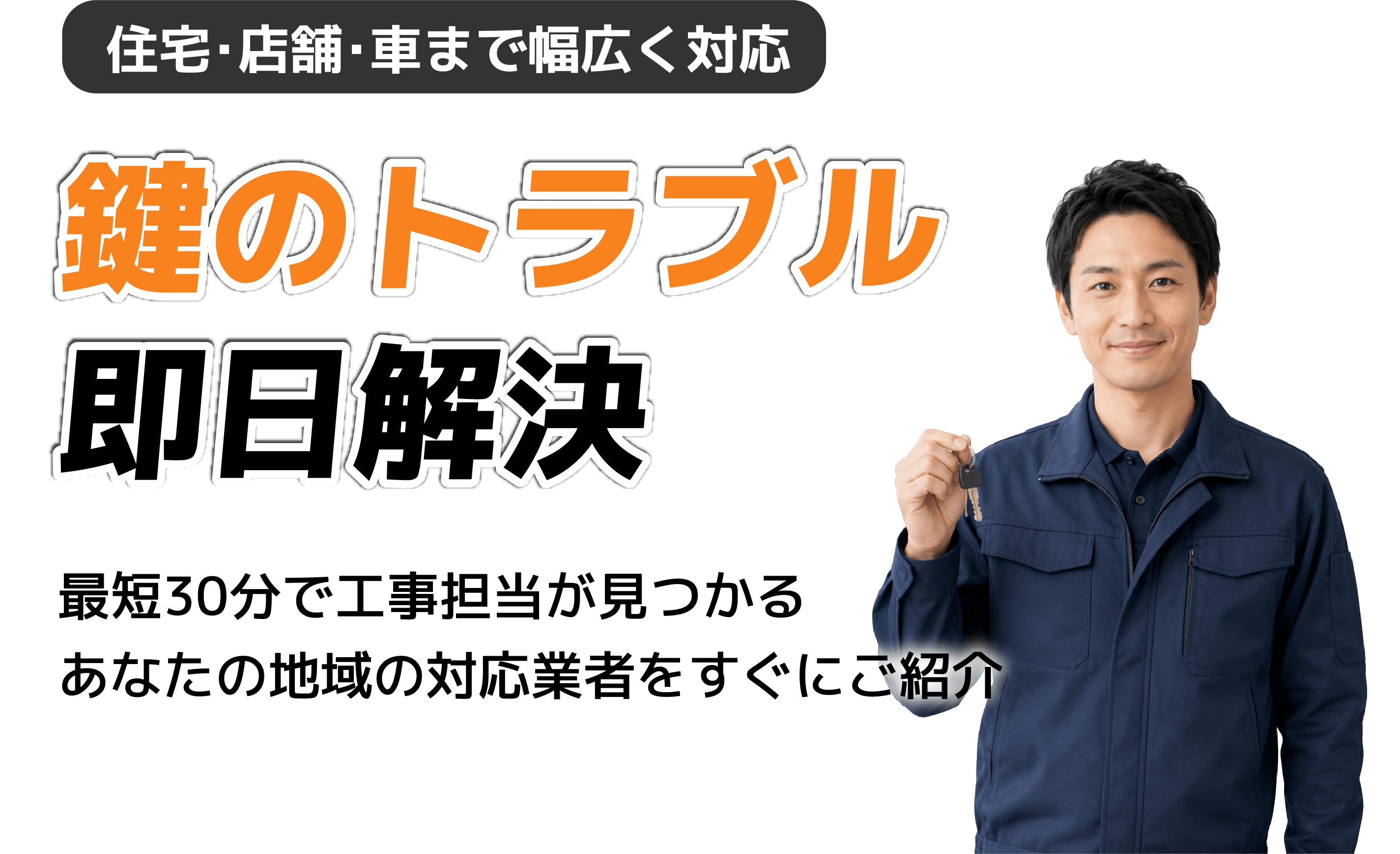 くらしの解決職人・鍵開け・交換　鍵のトラブル・即日解決。最短30分で工事担当が見つかる。あなたの地域の対応業者をすぐにご紹介。